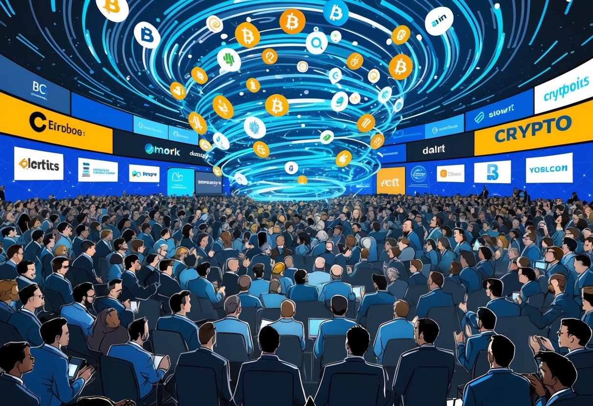 A crowded room with various companies' logos on banners and screens, surrounded by a swirling vortex of interconnected platforms and partnerships