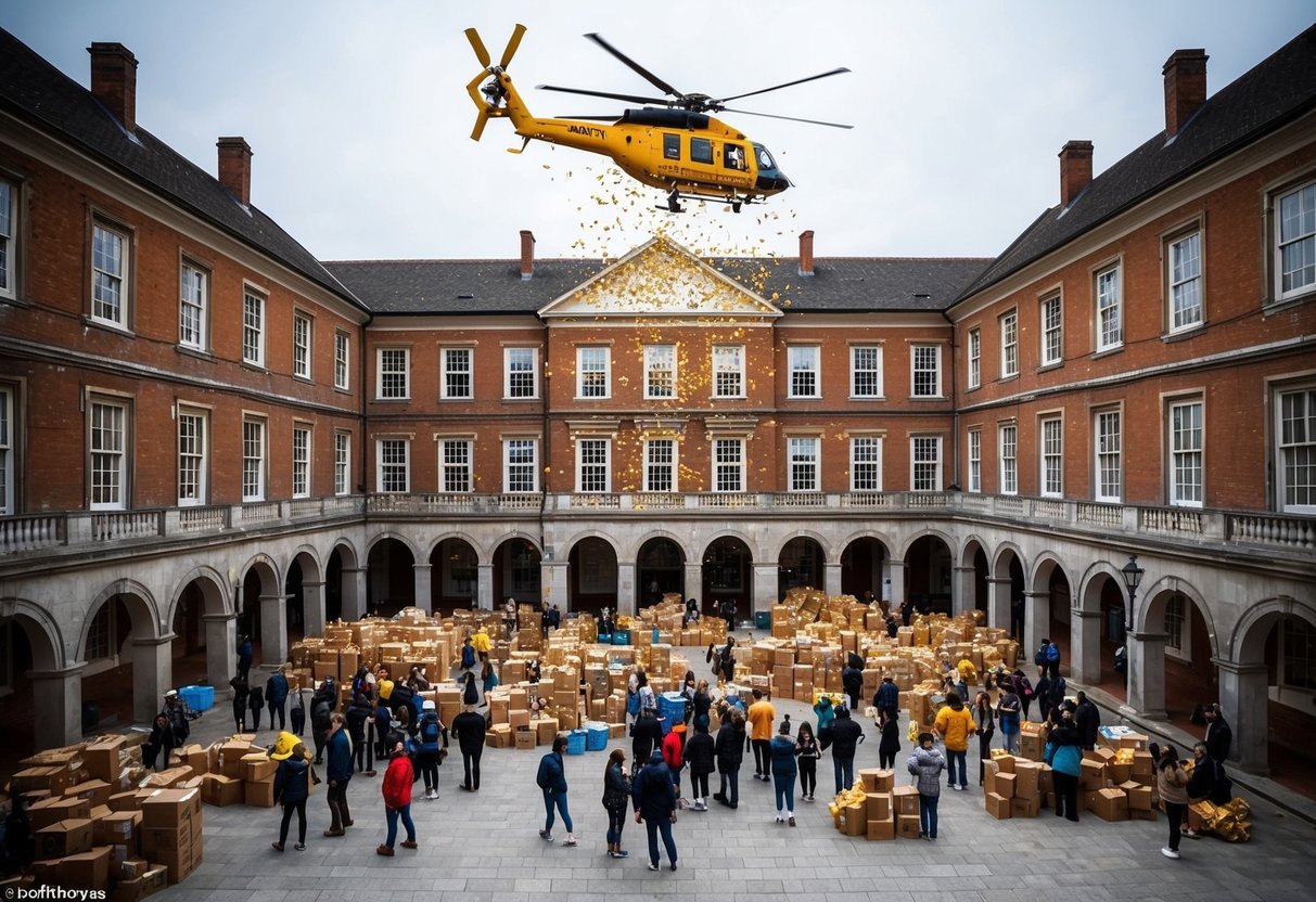 The town hall courtyard filled with people as supplies rained down from a helicopter overhead