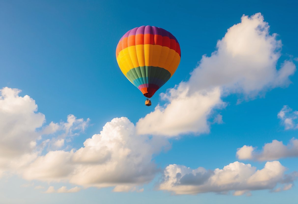 A colorful hot air balloon floating in a clear blue sky, surrounded by fluffy white clouds