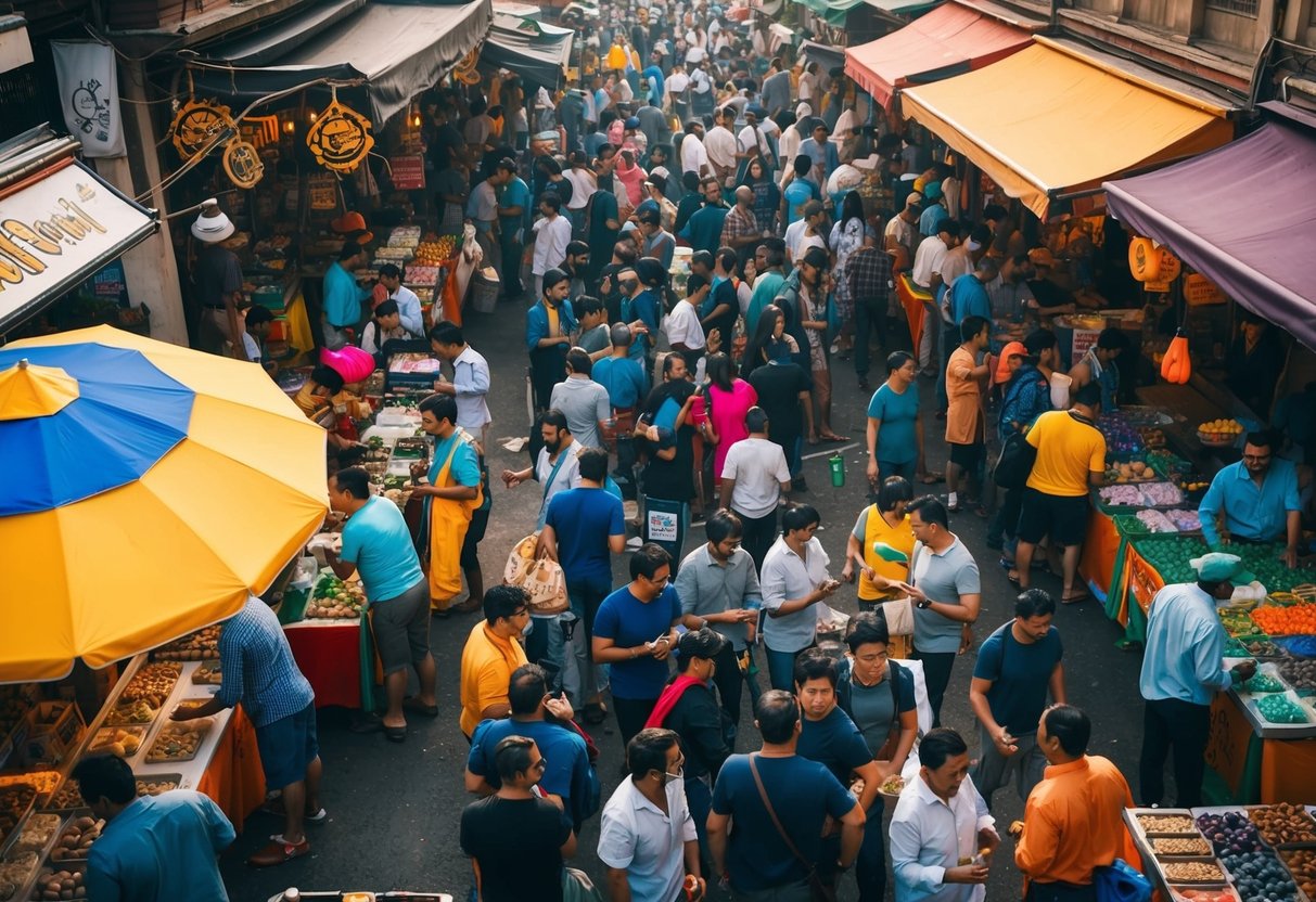 An aerial view of a crowded marketplace with various vendors and customers interacting. A vibrant atmosphere with colorful banners and signs