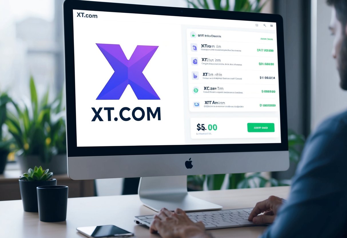 A computer screen showing the Xt.Com logo with a list of airdrop details and a countdown timer