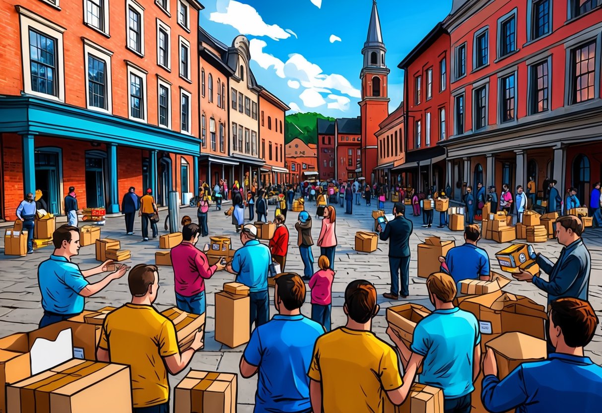 A crowded town square with people receiving airdropped supplies