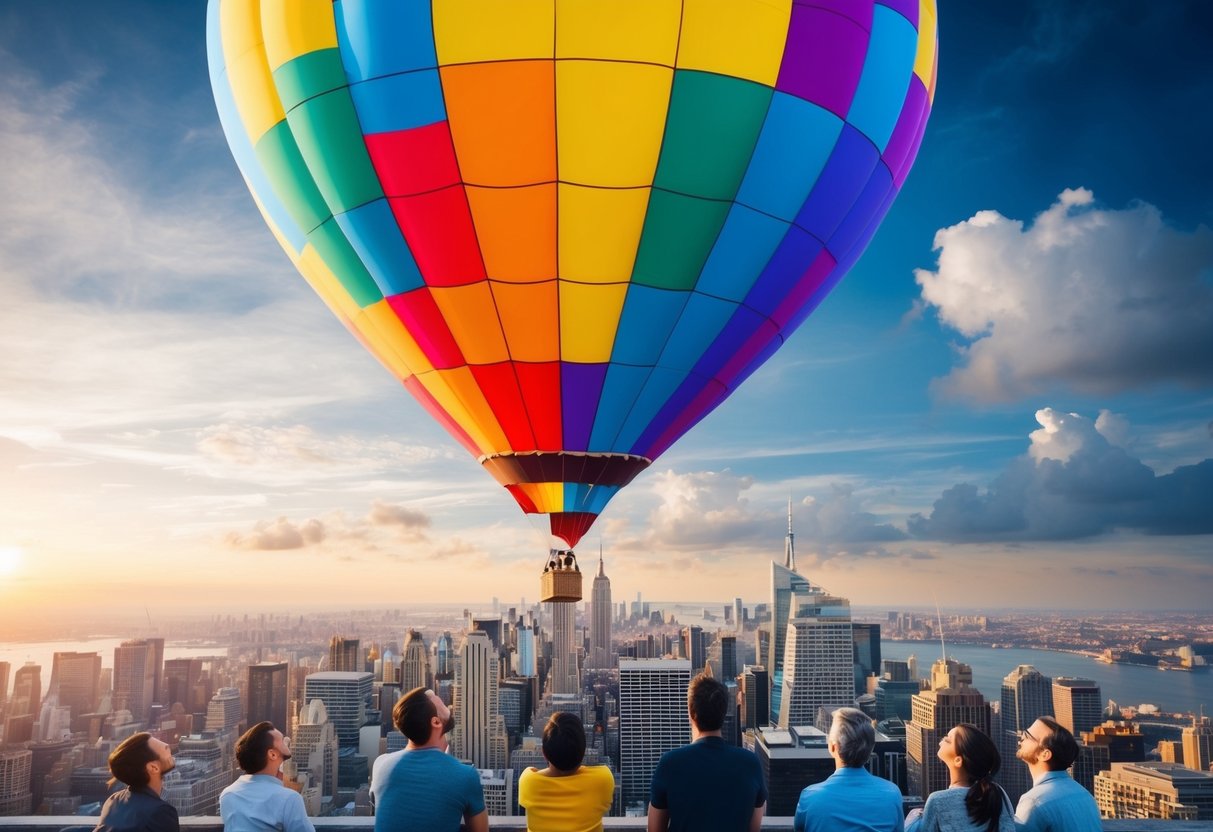 A colorful hot air balloon floating above a bustling city skyline with people looking up in amazement