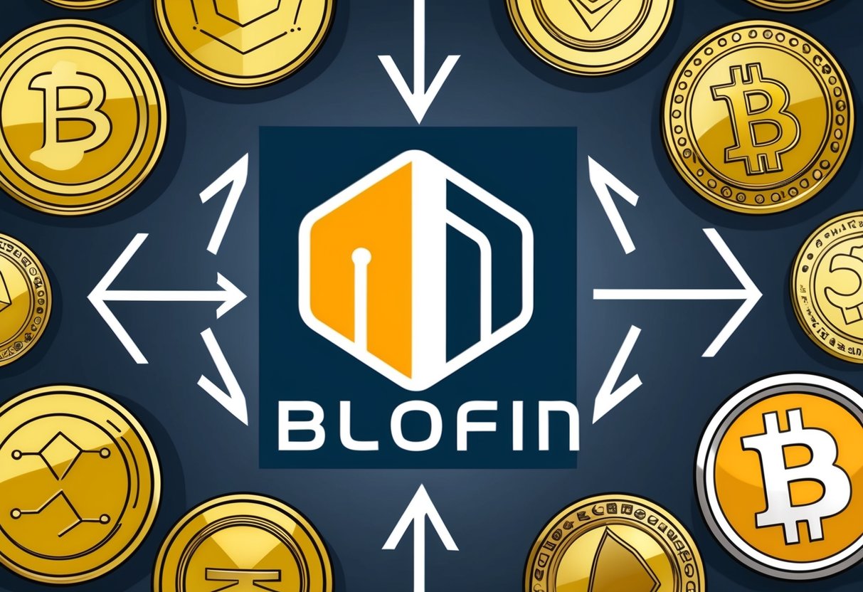 A Blofin logo surrounded by various cryptocurrency symbols, with arrows pointing towards it, representing the airdrop process