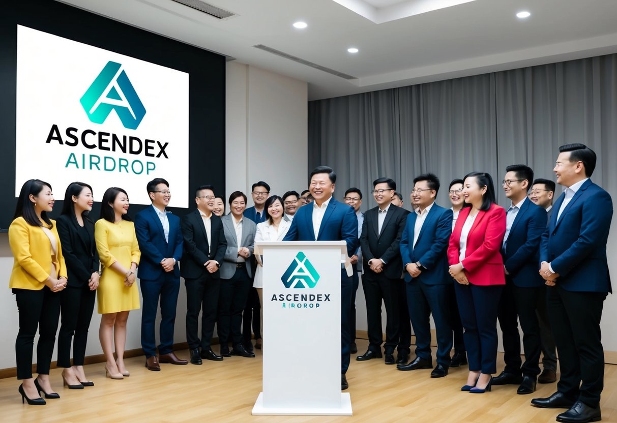 A group of people gathering around a podium at the Ascendex Airdrop Event, with the Ascendex Airdrop logo displayed prominently