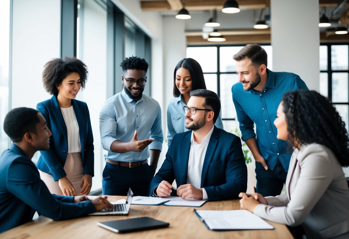 A group of diverse individuals meeting in a modern office setting, discussing and reviewing eligibility criteria for Kucoin listing airdrops