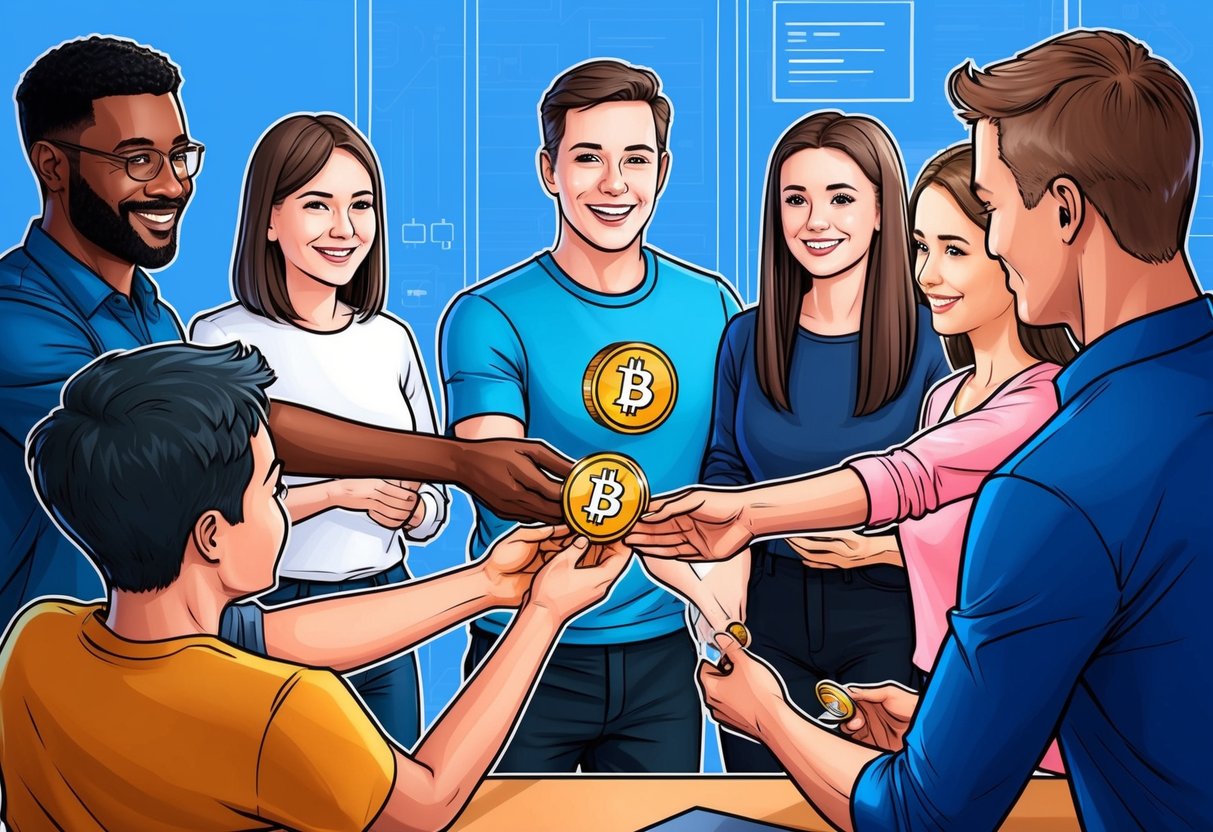 A group of people receiving tokens from a platform representative