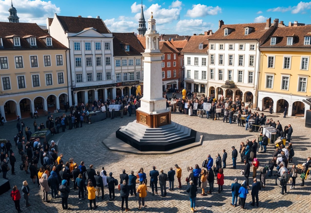 A bustling town square with people gathering around a central stage, where local leaders distribute resources to the community