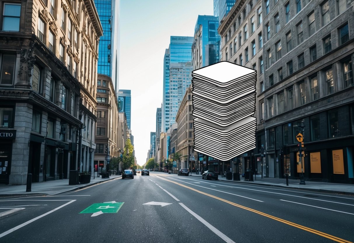 A stack of Carbon Card X Spaces being airdropped from the sky onto a city street