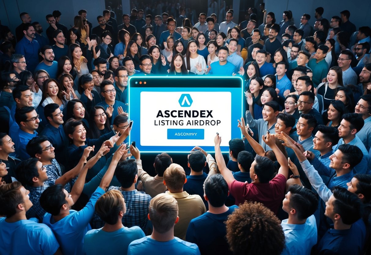 A crowd of people eagerly gathering around a digital screen displaying the Ascendex Listing Airdrop announcement