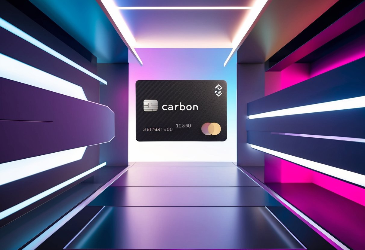 A futuristic carbon card hovering above a sleek, modern space with geometric shapes and vibrant colors