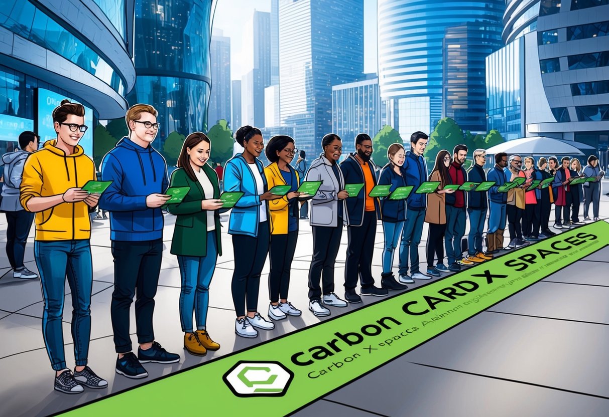A diverse group of people lining up to receive Carbon Card X Spaces airdrop in a futuristic city square