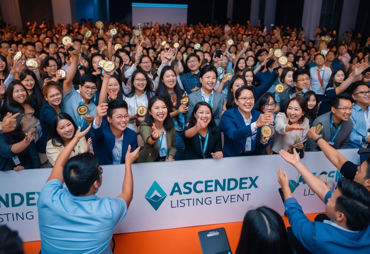 A crowd of people eagerly reaching out to receive airdrop rewards and incentives at the Ascendex listing event