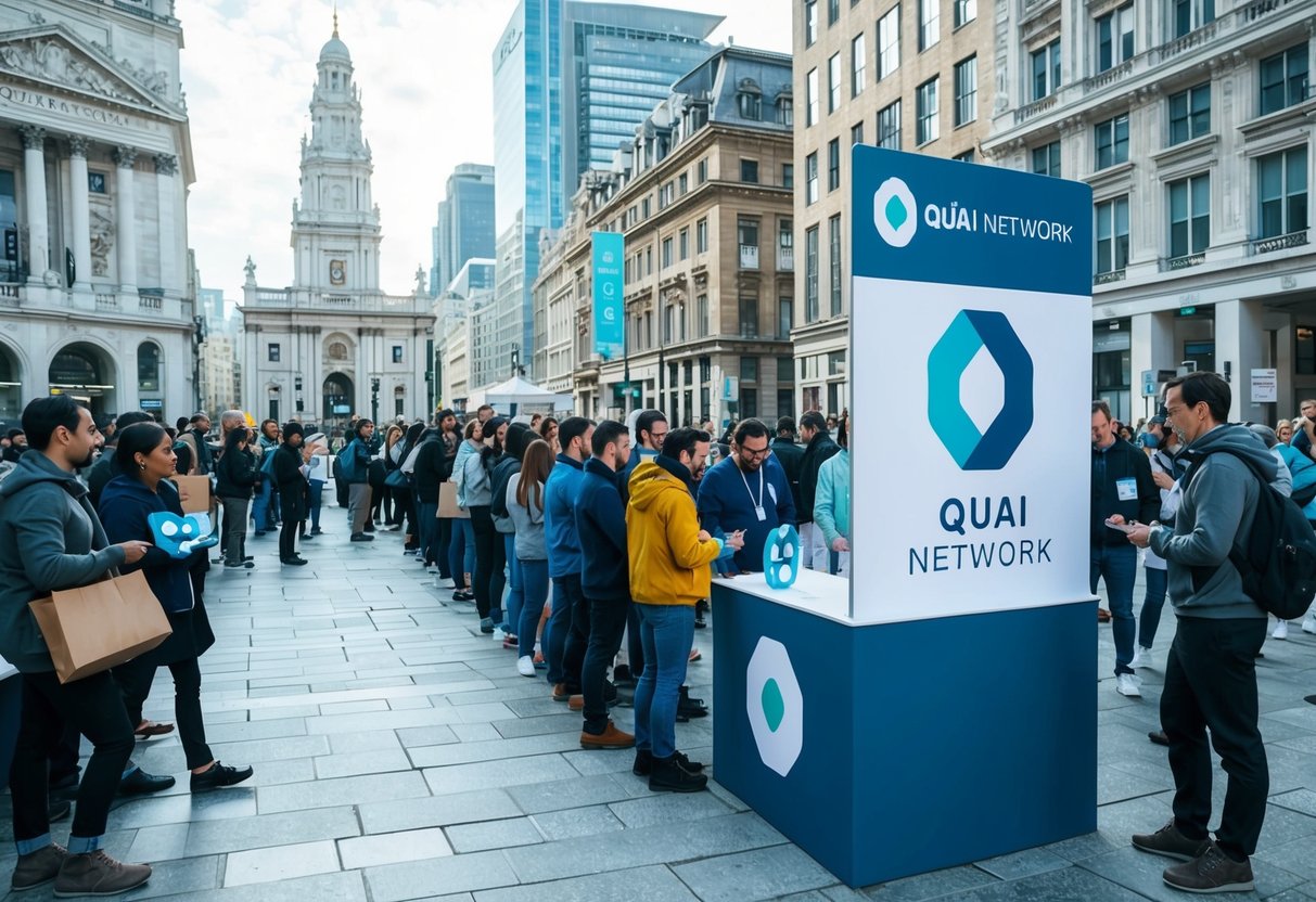 A crowded city square with people lined up to receive tokens from a Quai Network Airdrop booth, surrounded by tall buildings and bustling activity