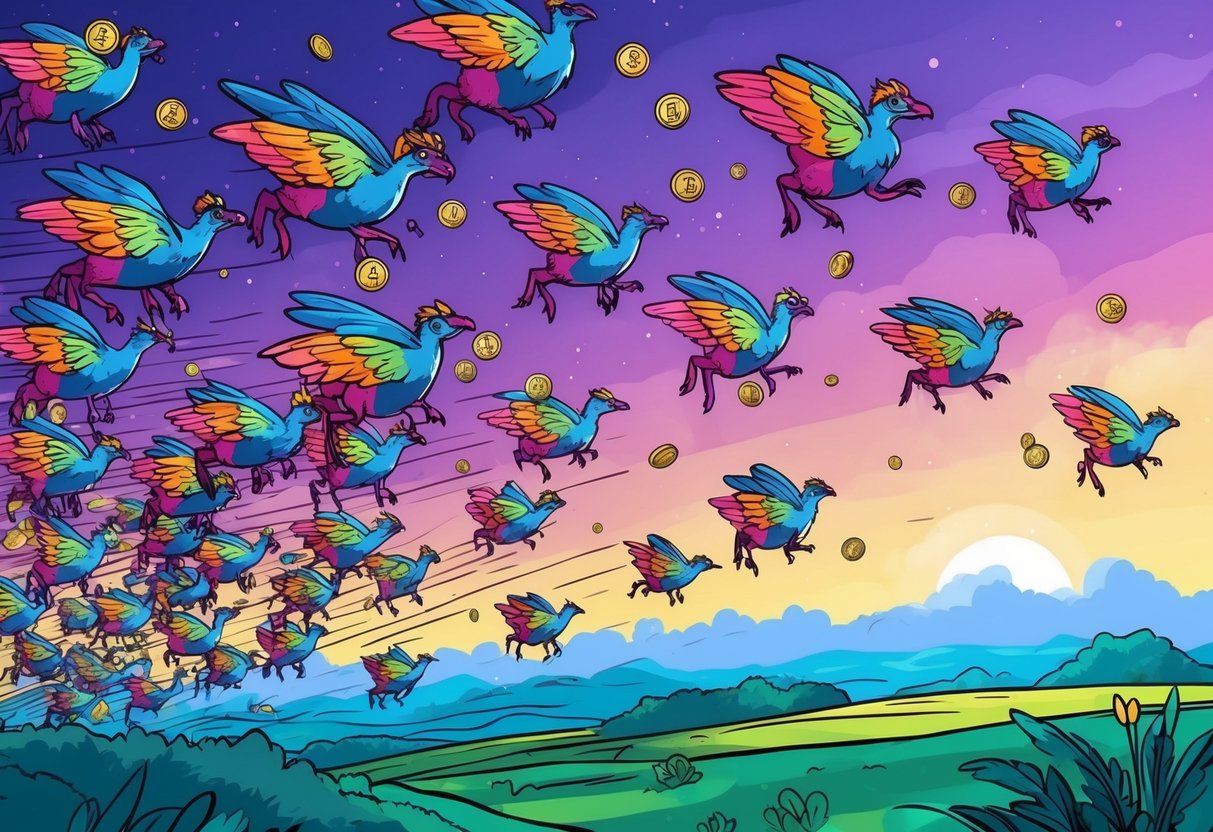 A flock of colorful Axie creatures migrate across a vibrant landscape, dropping their accessories in mid-air