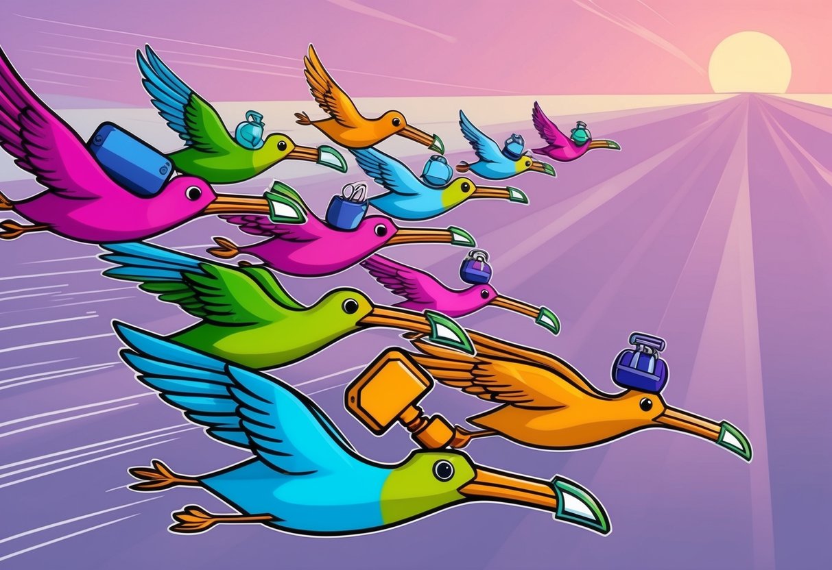A flock of colorful bird-like creatures carrying accessories in their beaks, flying in a formation towards a distant destination