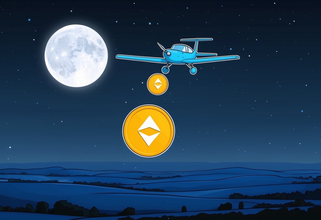A plane drops Cardano tokens over a moonlit landscape