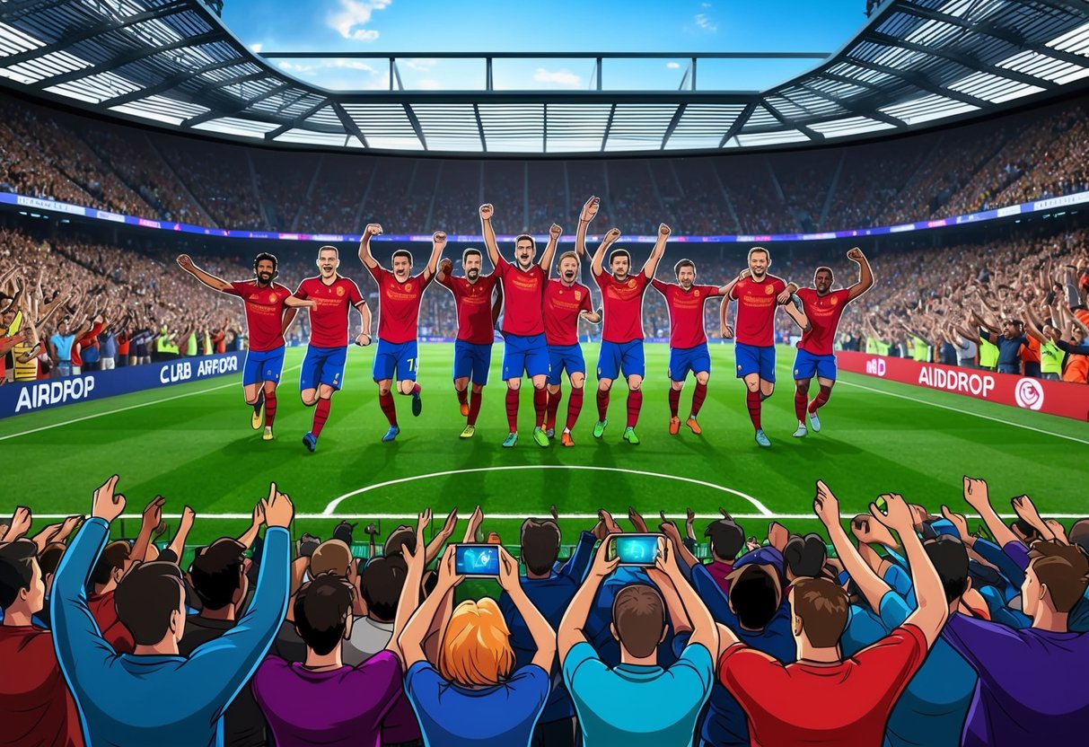A football stadium filled with cheering fans as players from Club Airdrop celebrate a goal