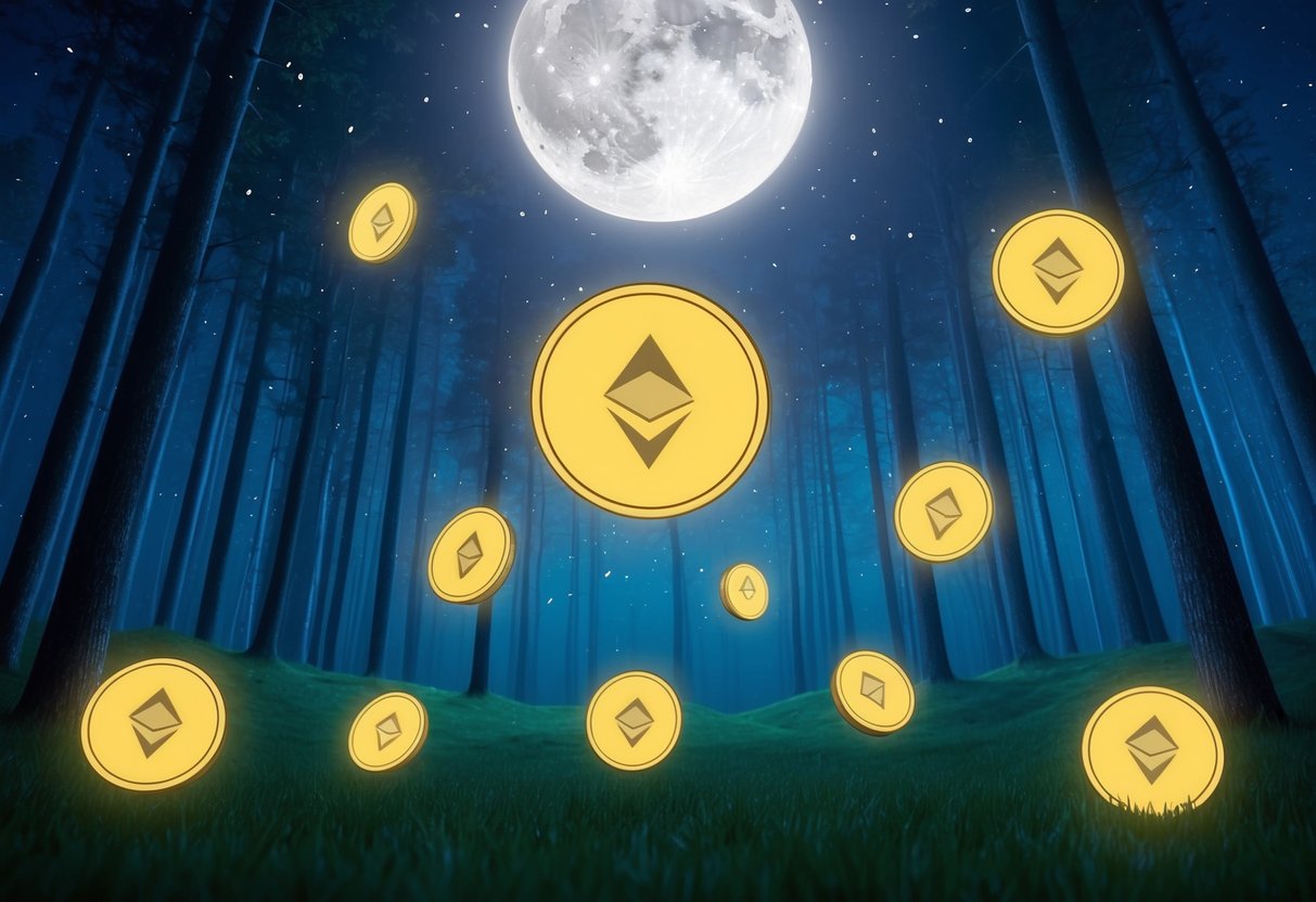 A glowing moonlit forest with a futuristic airdrop of Cardano tokens descending from the sky