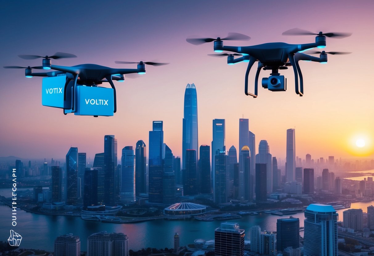 A futuristic city skyline with drones delivering packages for the Voltix Airdrop service against a backdrop of a setting sun