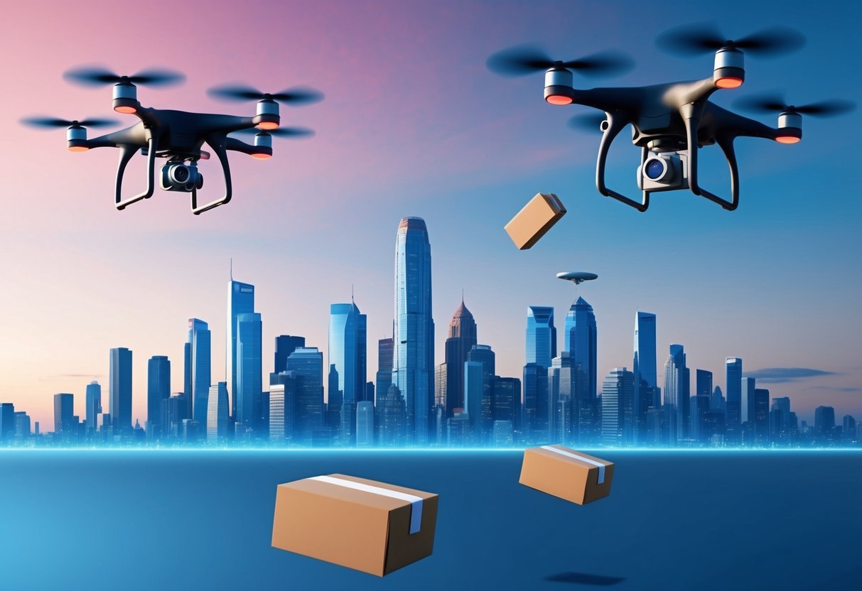 A futuristic city skyline with drones dropping packages from the sky