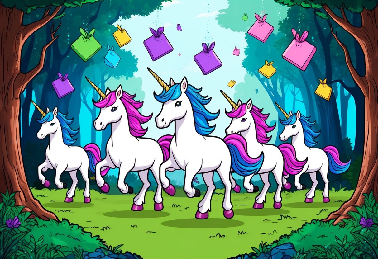 A group of unicorns galloping through a mystical forest, with colorful airdrop packages floating down from the sky