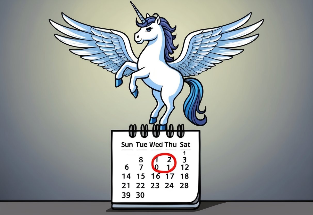 A unicorn with wings hovers above a calendar with the date circled