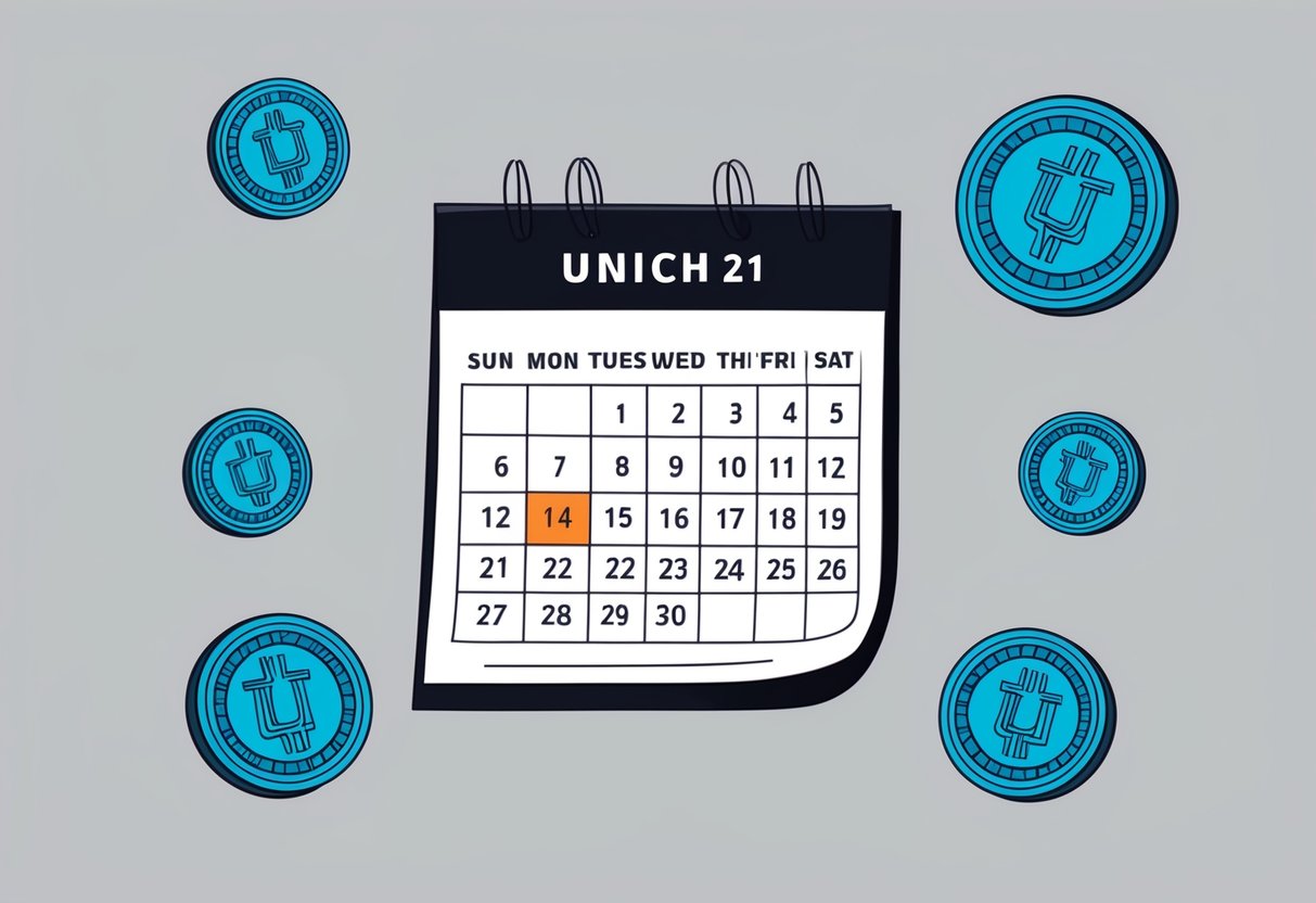 A calendar with the date circled, surrounded by floating Unich tokens
