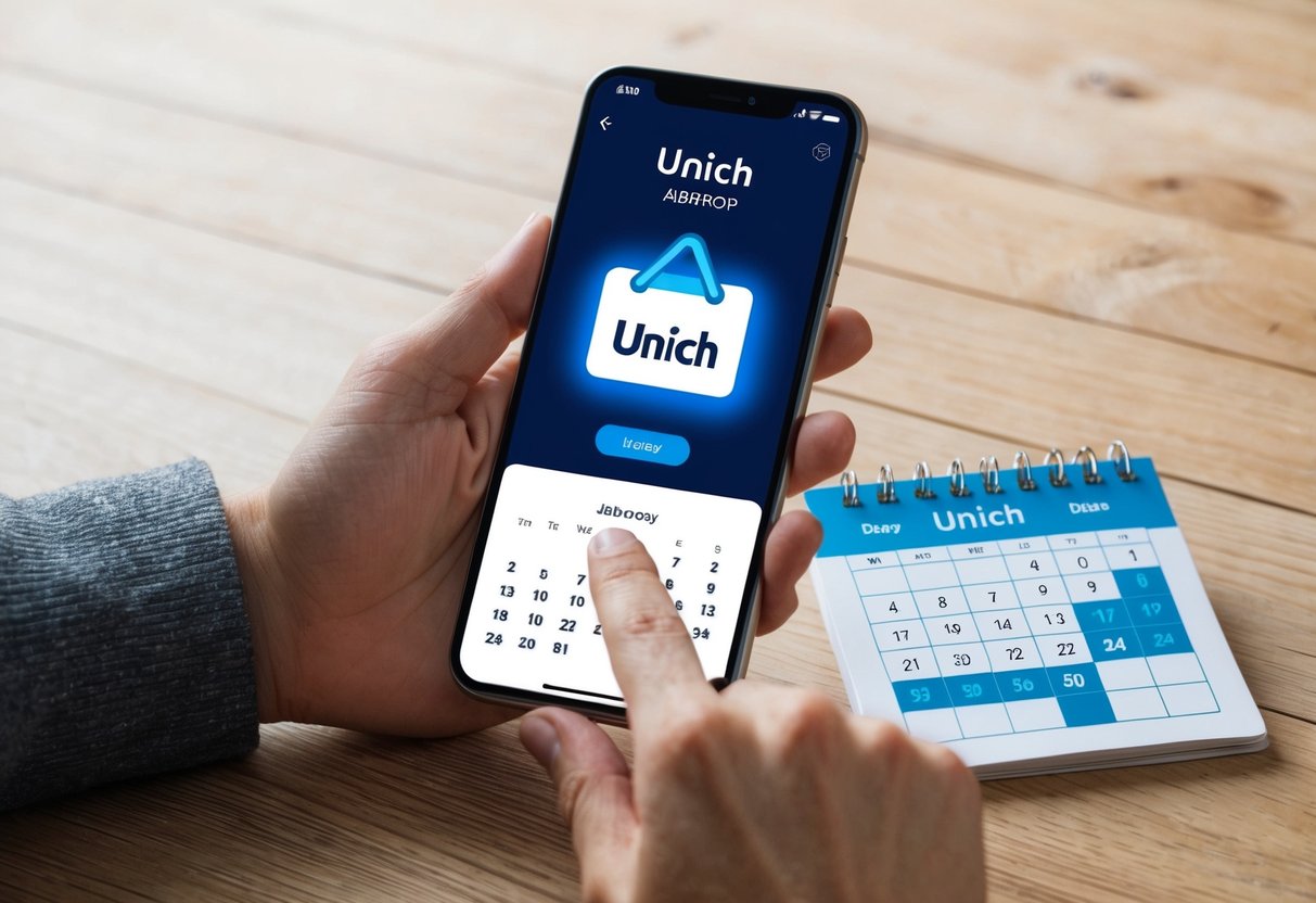 A person receiving a Unich airdrop on their digital wallet with a calendar showing the date of the airdrop
