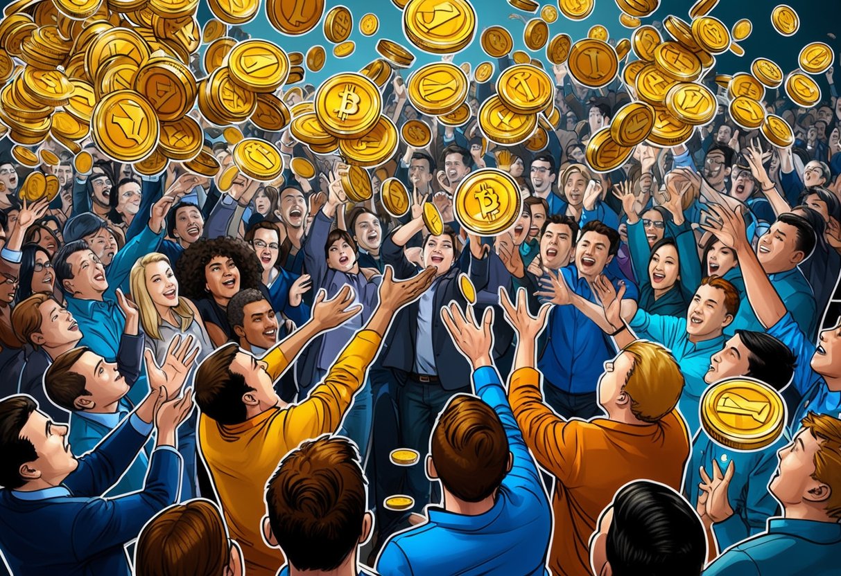 A crowd of people eagerly reaching out for falling Unich tokens, while others look on with anticipation and excitement