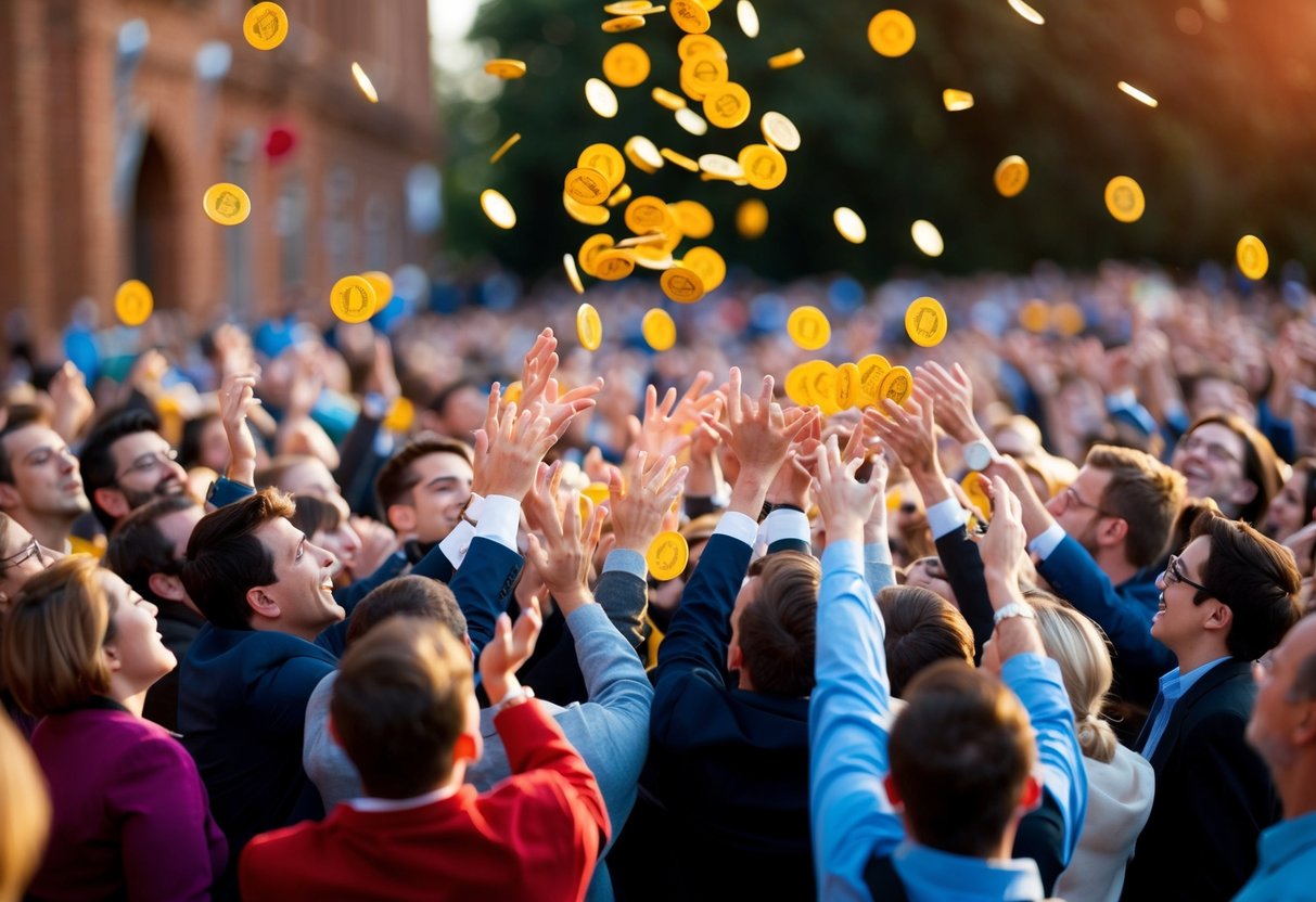A crowd of people eagerly reaching out to grab falling tokens from the sky