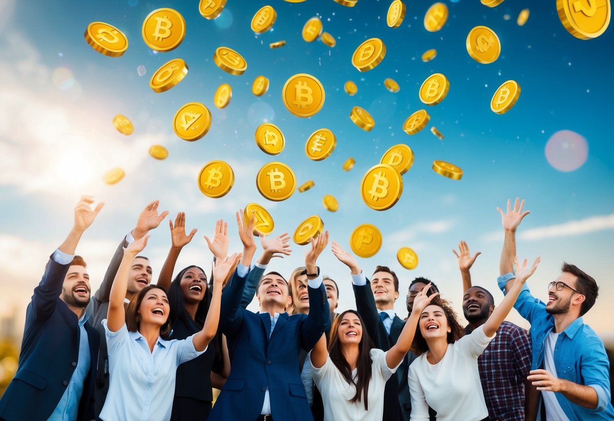 A group of digital tokens raining down from the sky onto a diverse group of people, who are reaching out to grab them excitedly