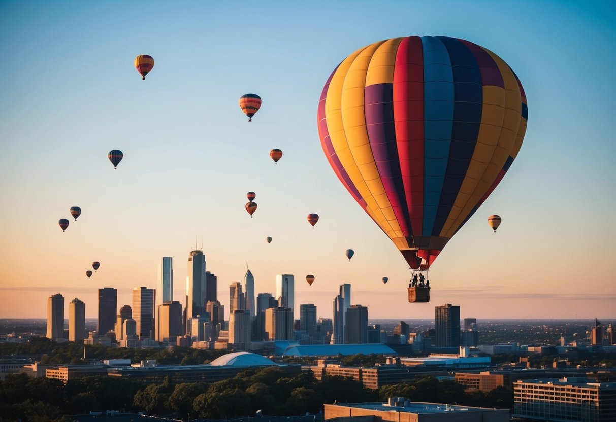 A colorful hot air balloon dropping incentives over a city skyline