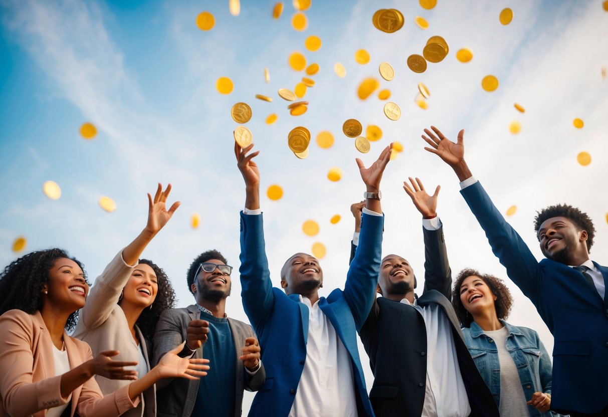 A group of diverse individuals eagerly reaching out to grab falling tokens from the sky