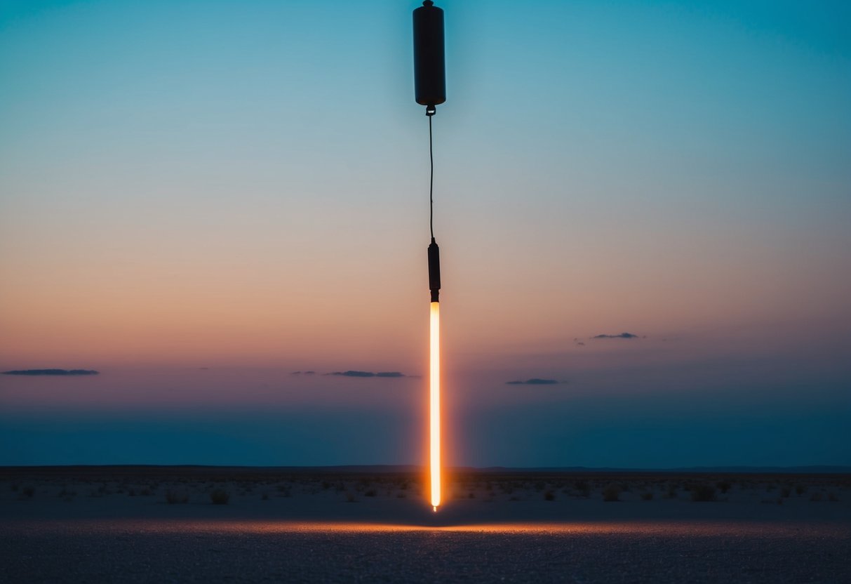 A glowing flare descends from the sky, landing in a desolate landscape