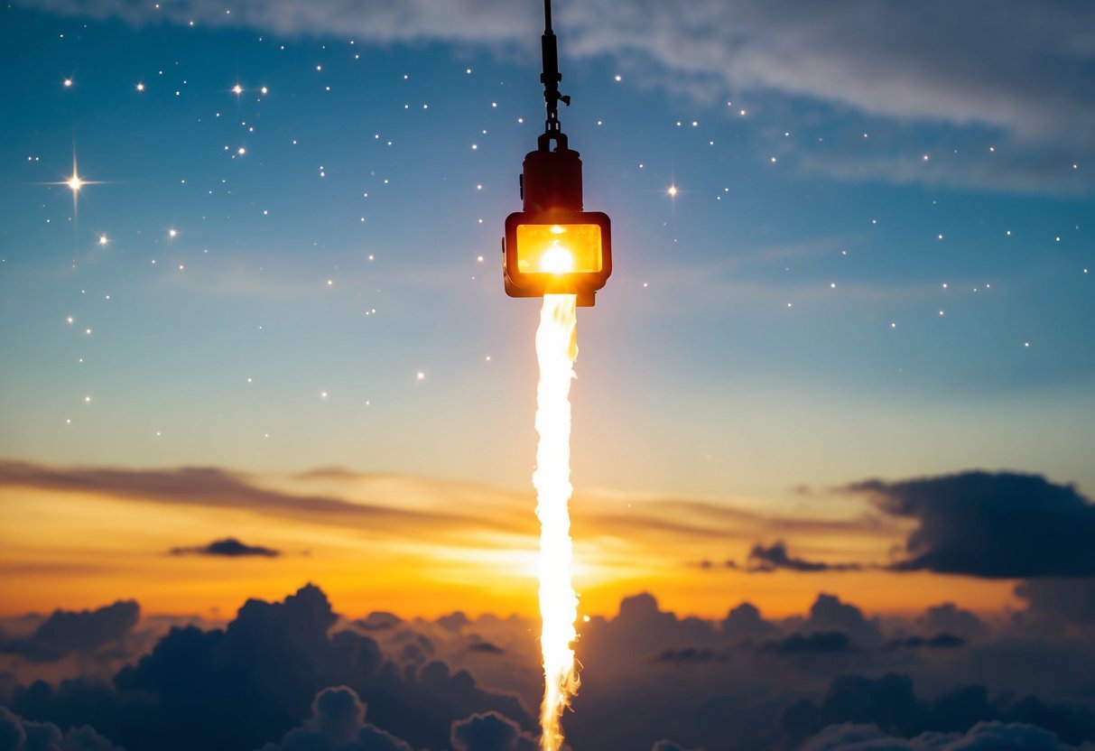 A bright flare dropping from the sky amidst clouds and stars