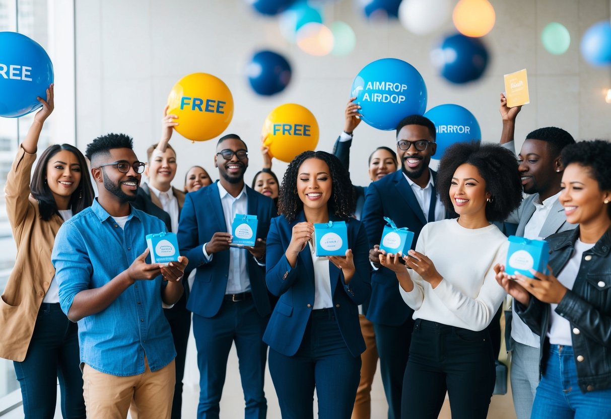 A group of diverse individuals eagerly receiving free airdrop items in an organized and efficient manner