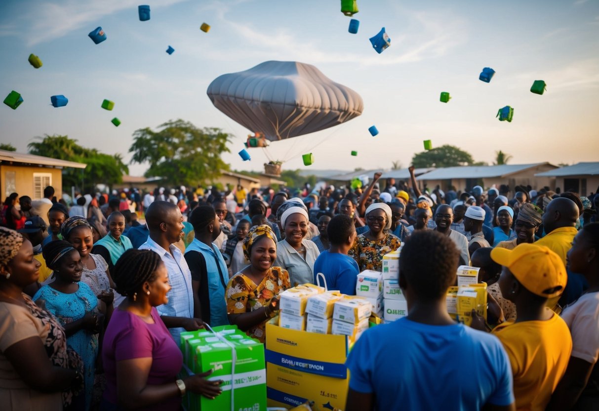 A bustling community receiving free airdropped supplies, creating a sense of joy and gratitude among the residents