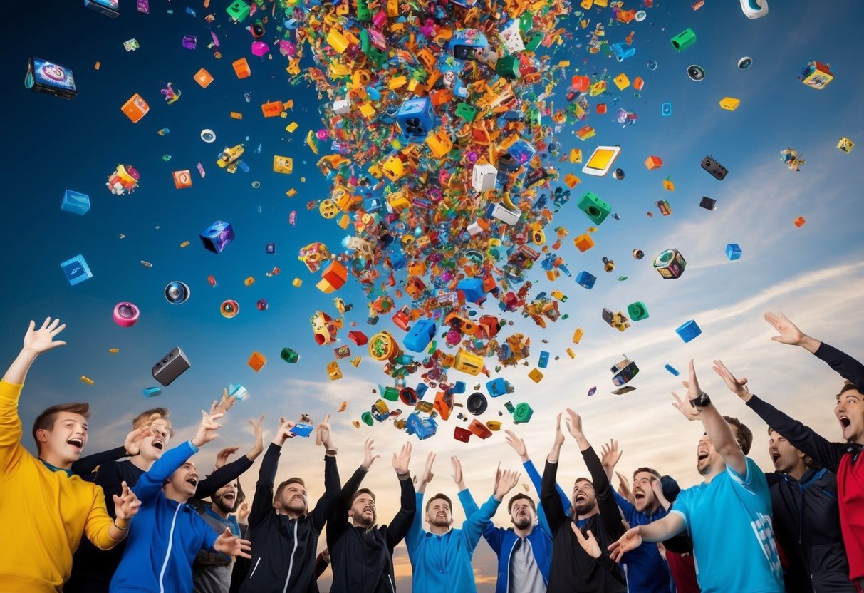 A colorful explosion of gaming-related items raining down from the sky, surrounded by excited gamers reaching out to grab them