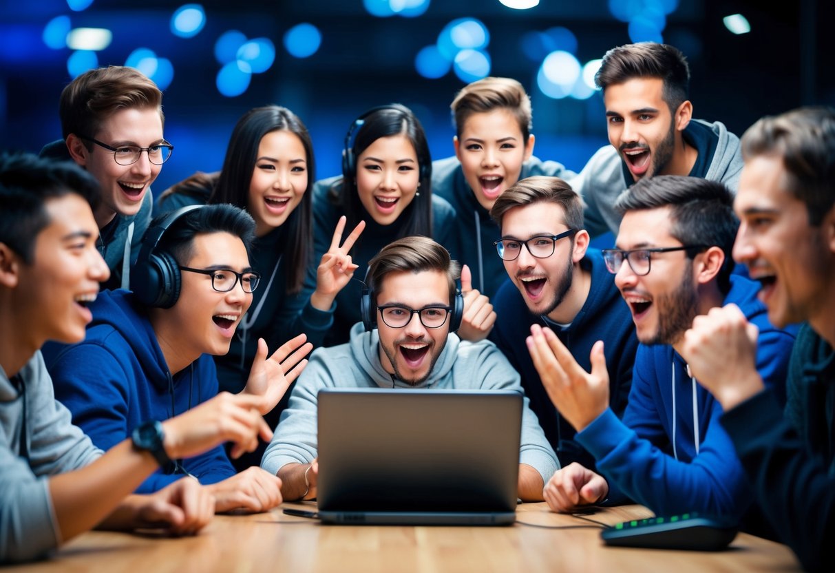 A group of gamers eagerly gather around a digital device, eagerly participating in the Gamerboom Airdrop event. Animated expressions and hand gestures show their excitement