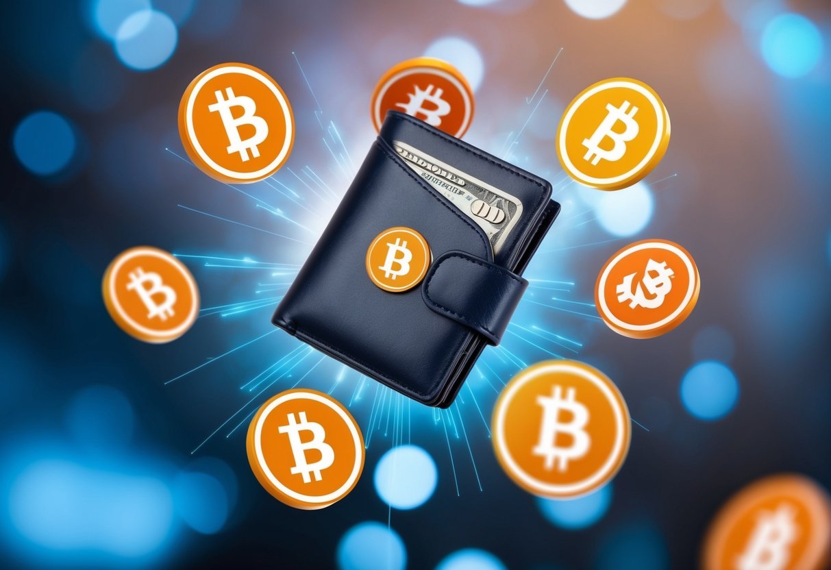 A digital wallet surrounded by flying cryptocurrency symbols