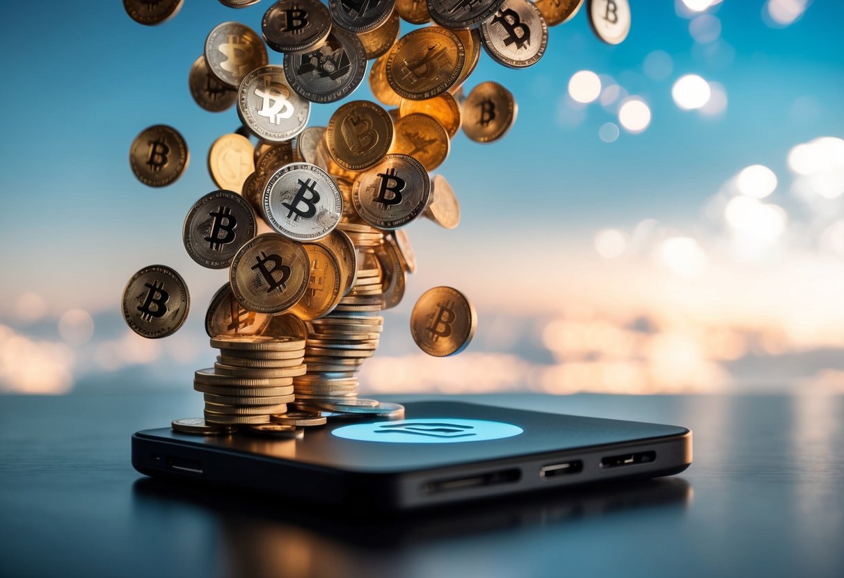 A pile of various cryptocurrencies falling from the sky onto a digital wallet symbol