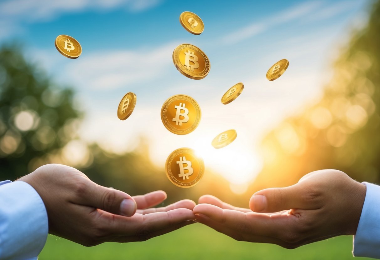 Airdrop crypto: digital coins falling from sky onto open hands