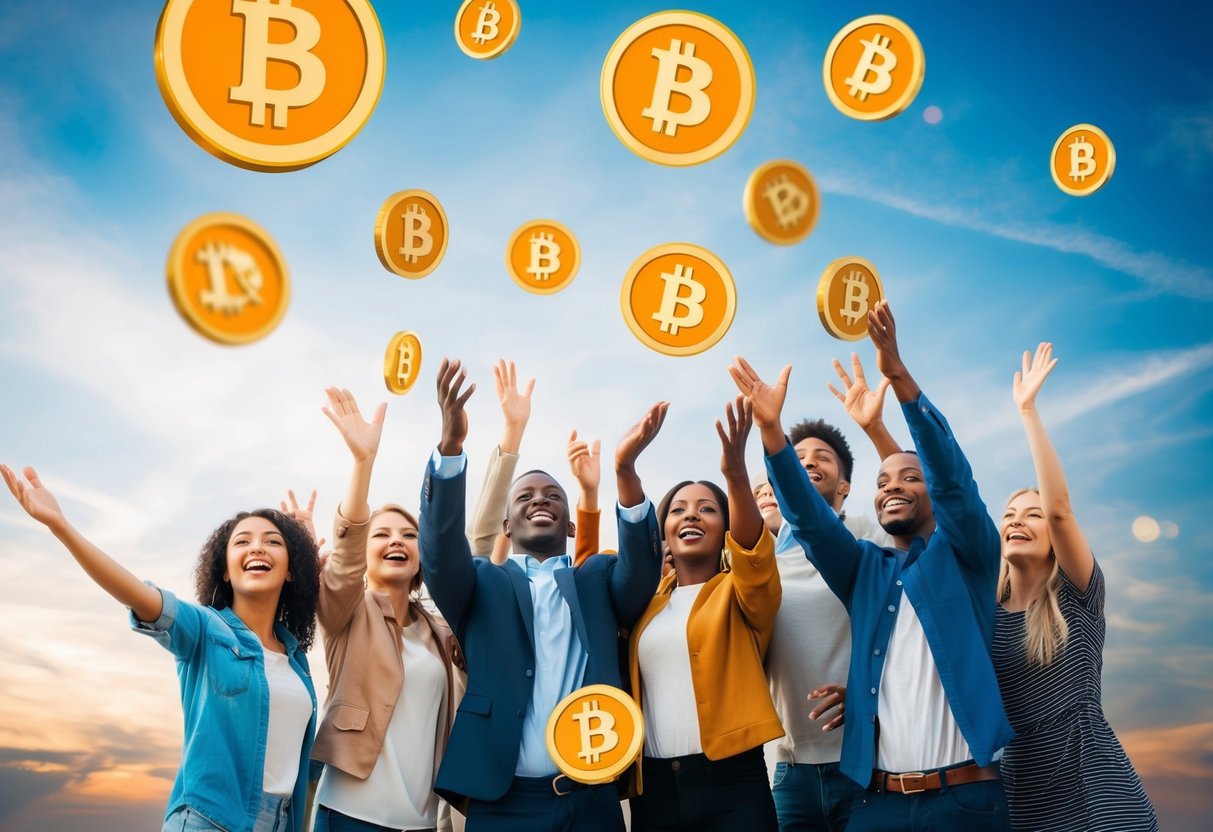 A group of diverse people eagerly reaching out to receive free crypto tokens falling from the sky