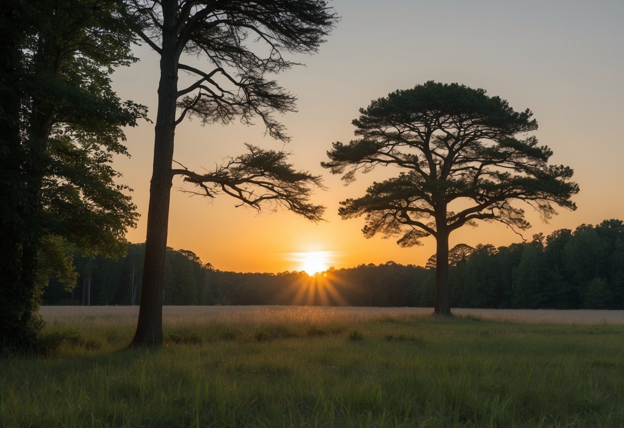 A tranquil forest clearing with a solitary tree standing tall, its branches reaching towards the sky as the sun sets in the background, casting a warm glow over the scene