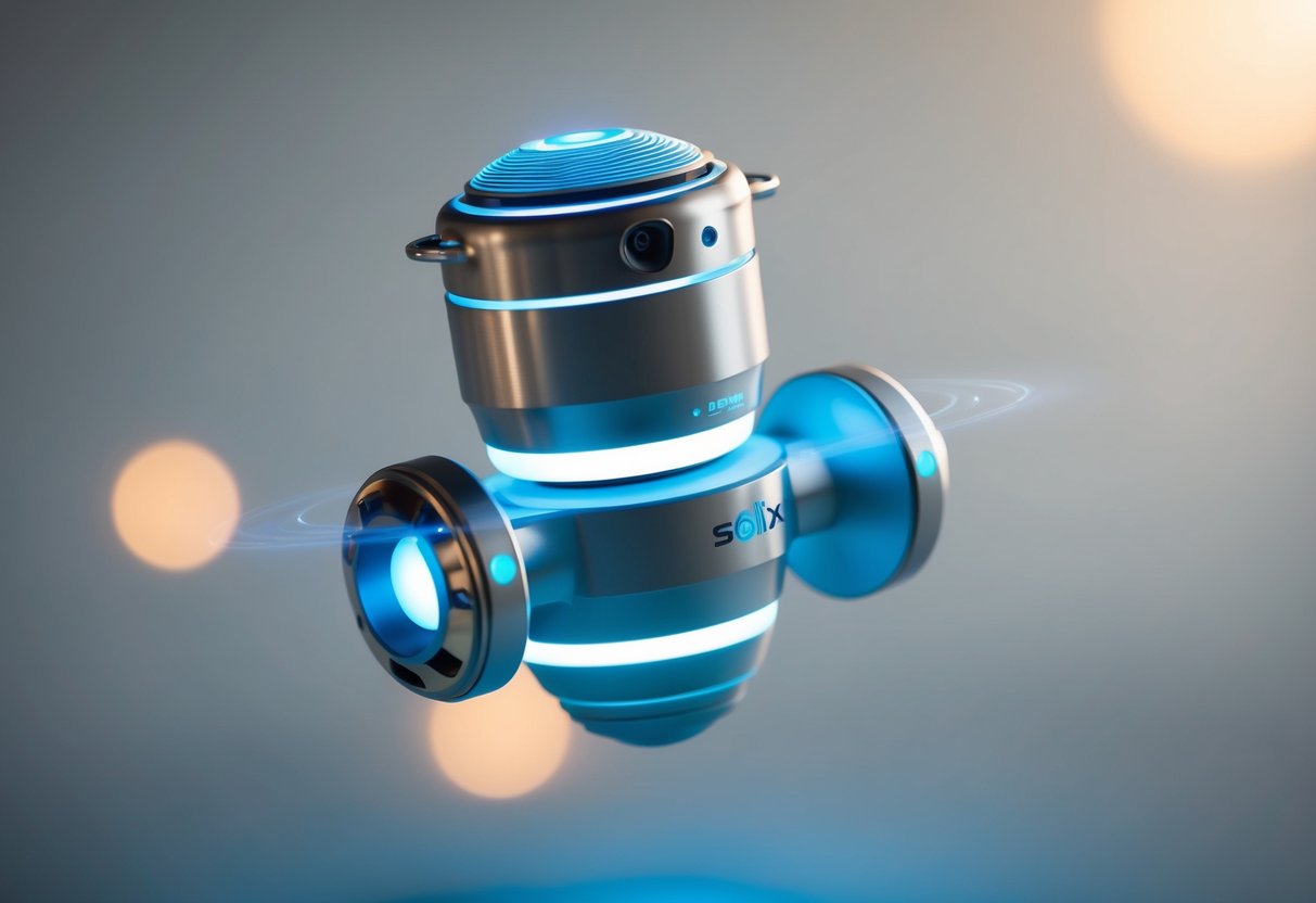Solix Depin is a futuristic device with sleek, metallic components and glowing blue accents. It emits a soft, pulsating light as it hovers in mid-air, surrounded by a faint energy field