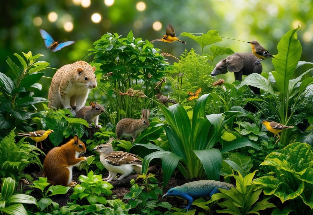 A lush, diverse ecosystem with interconnected plants and animals, supported by partnerships between different species, showcasing the impact of collaboration and symbiosis