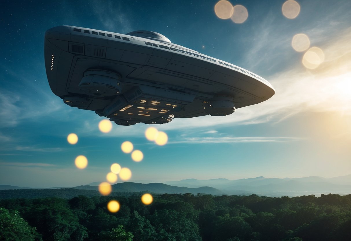 A spaceship hovers over a lush forest, releasing glowing orbs into the air