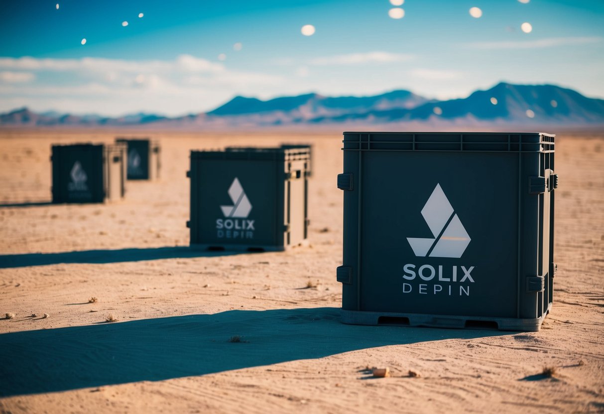 Airdrop crates scattered on a desert landscape, with the Solix Depin logo visible on the side