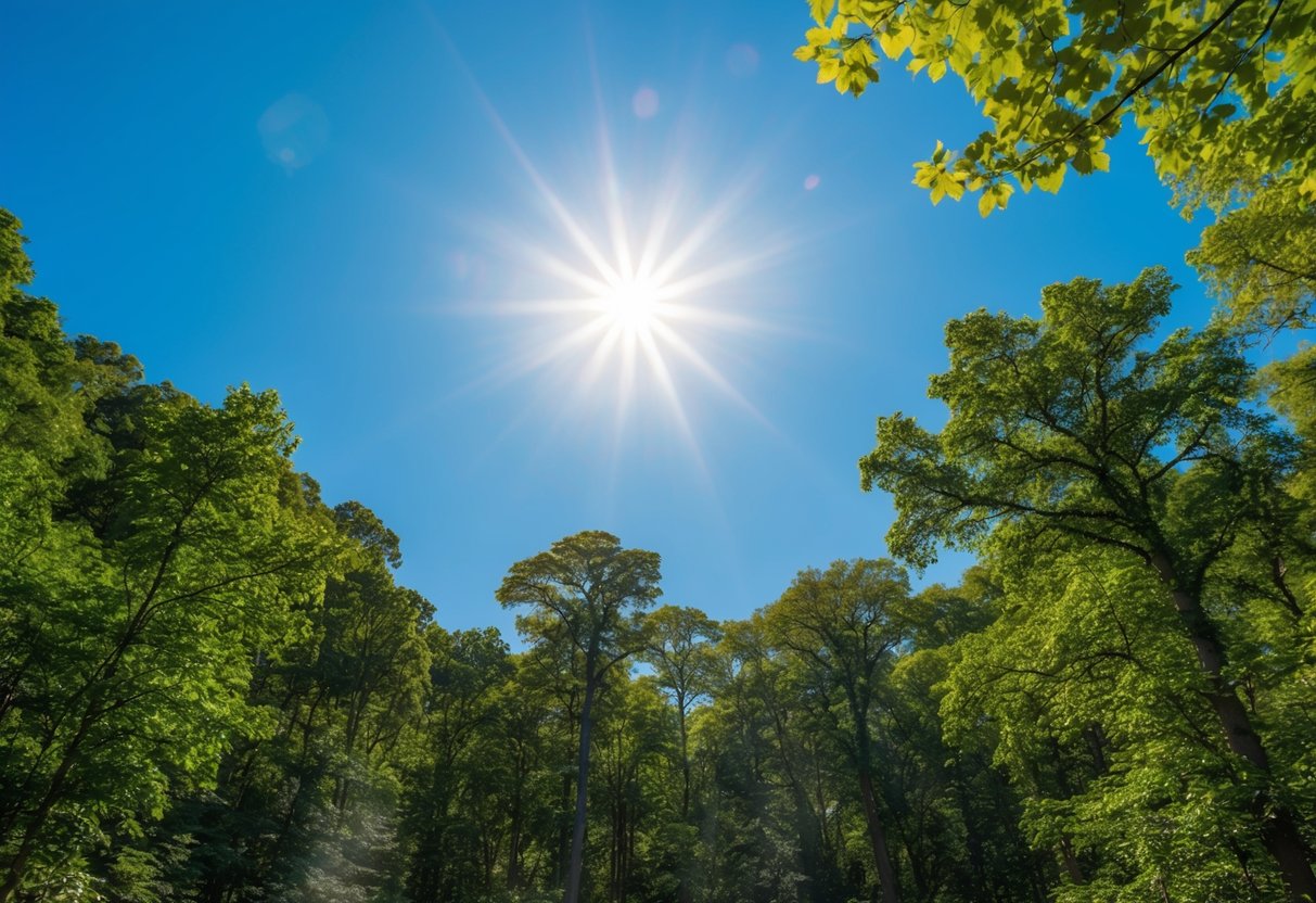 A bright sun shining over a lush forest, with a clear blue sky and a gentle breeze rustling the leaves